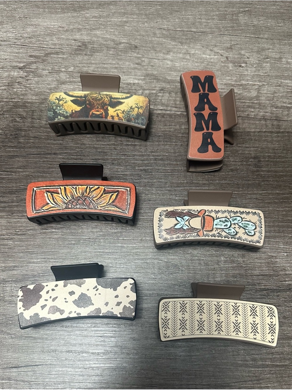 Lot of 6 Western Print Plastic Hair Claw Clips 4 in Multicolor Rectangle